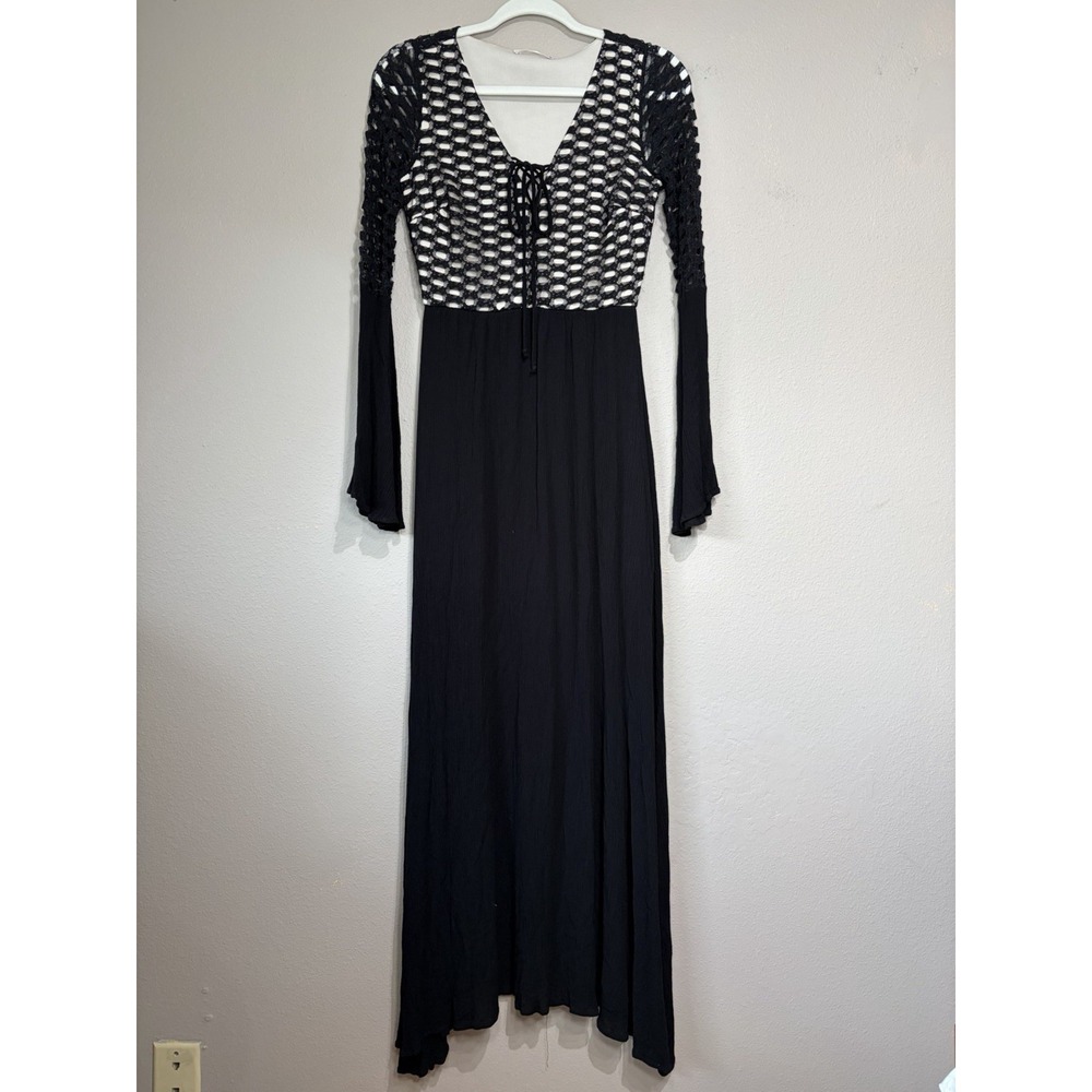 Witchy Gothic Flounce Sleeve Maxi Dress Small Black Dark Romantic Boho Festival - Picture 1 of 14